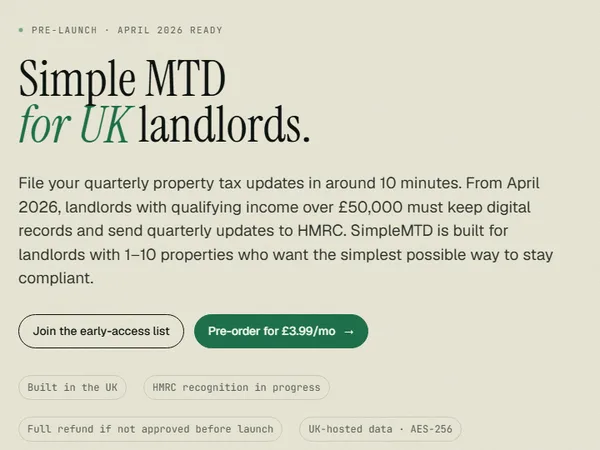 SimpleMTD landing page for UK landlords with a waitlist and pre order button