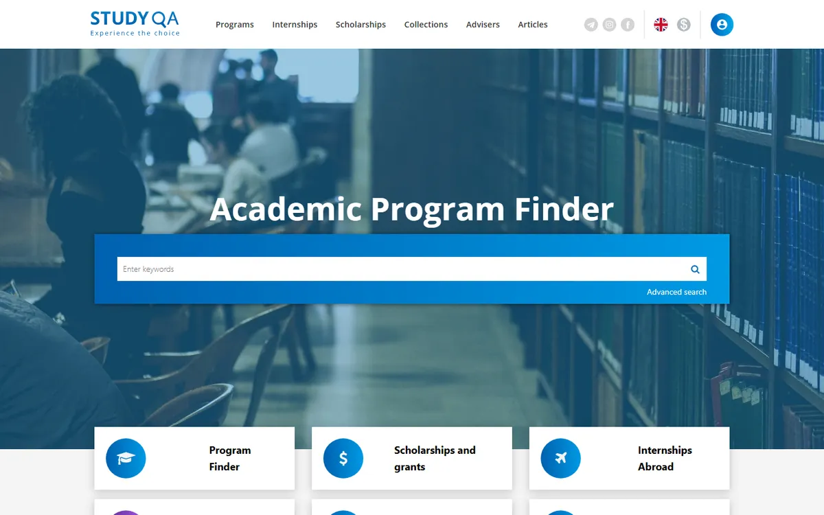 StudyQA home page with the Academic Program Finder search